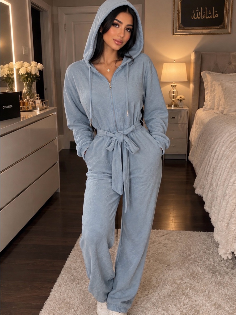 Jluxlabel Women's Light Blue Hooded Zip Jumpsuit with Waist Tie